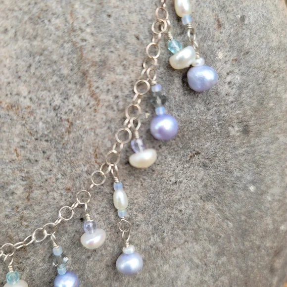 USA Handmade Necklace hand-wire-wrapped Freshwater pearl sterling silver & glass - Picture 5 of 7